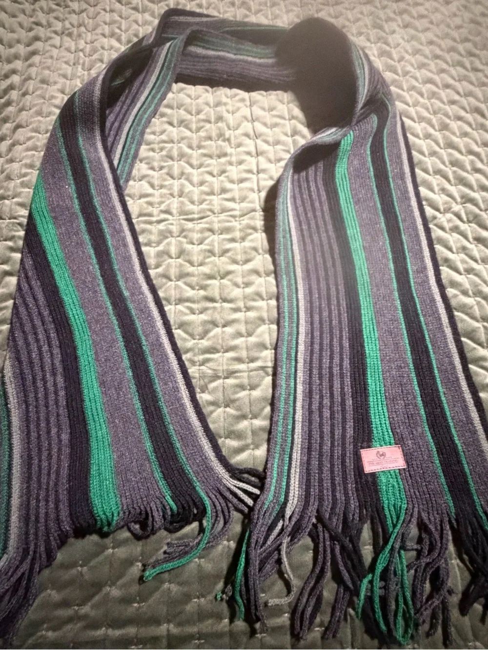 The Aran Trading Company green black striped wool fringed scarf